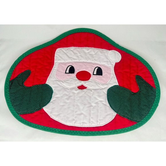 Quilted Christmas Placemats Set Of 4 Santa Face Vintage 80s 90s - Picture 4 of 8